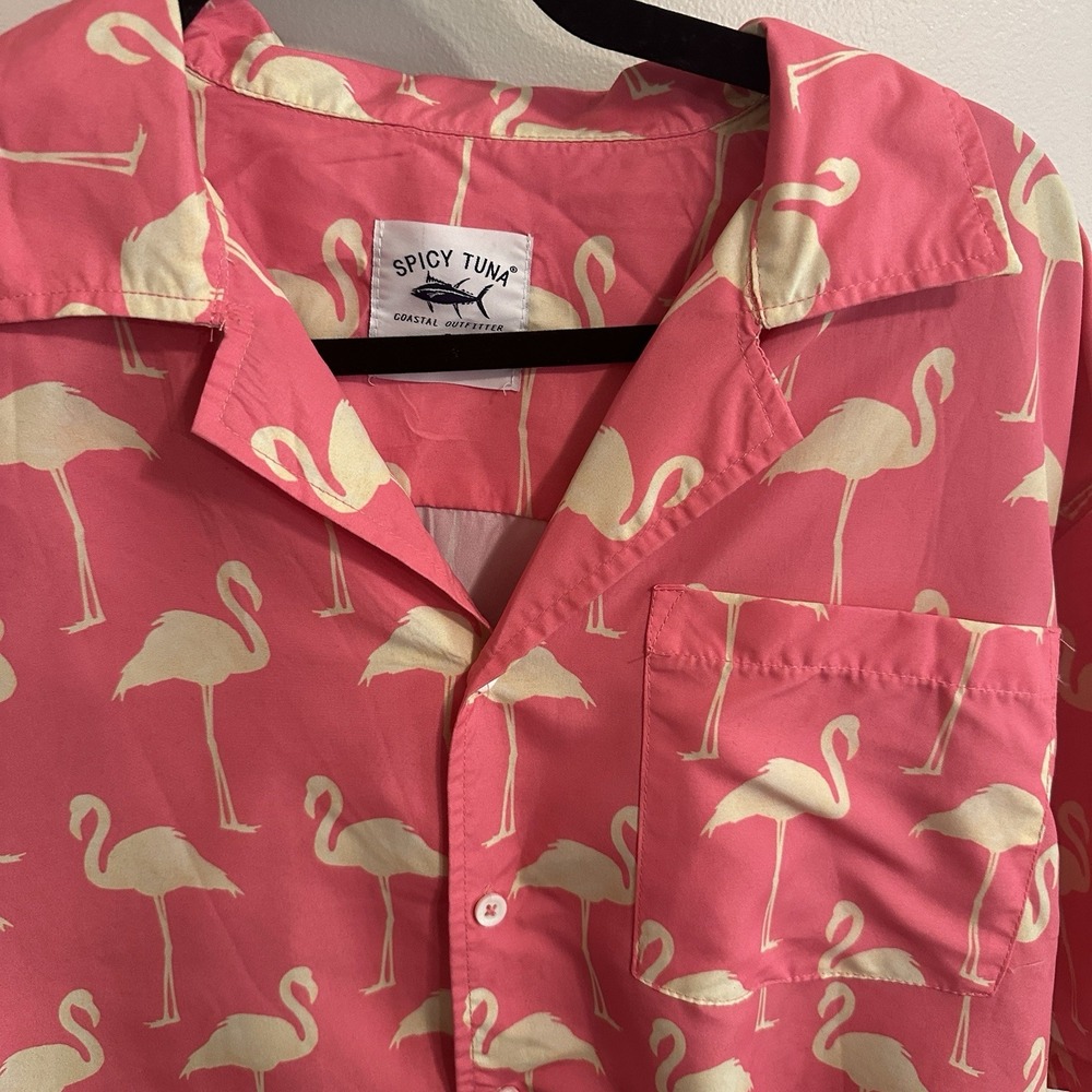 Spicy‎ Tuna Pink Yellow Flamingo Hawaiin Shirt Mens Small